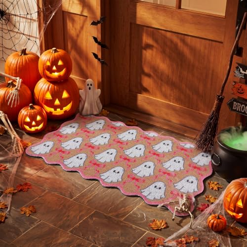Dunzy Pink Halloween Doormat Outdoor Bow Ghost Scalloped Faux Coir Mat - style: Ghost and Bow