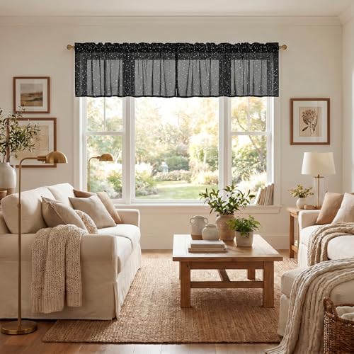 Horaldaily 2Pcs Black Sheer Valance 52x14in, Silver Sequin Star, Halloween - color: Black and Sliver, size: 52"W x 14"L (Pack of 2)