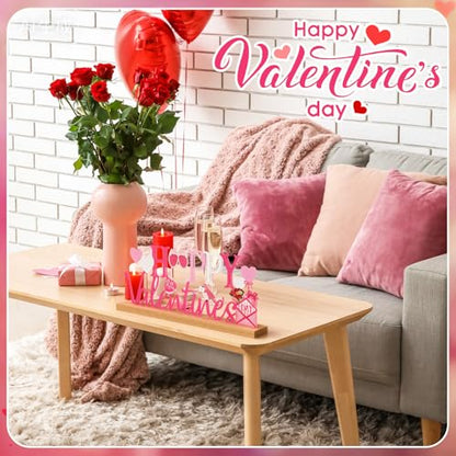 MiniInflat Happy Valentine's Day Metal Sign Valentines Heart Table Centerpiece Valentine's Tiered Tray Decor Pink and White Sign with Wood Base for Home Office Tabletop Mantel Shelf Fireplace Desktop - style: Happy Valentines
