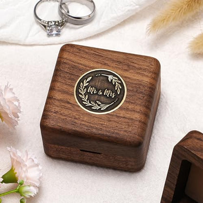KWOOD Custom Wooden Wedding Ring Box for 2 Rings, Engraved Mr & Mrs Double Ring Holder for Wedding Ceremony Ring Bearer Box Anniversary Birthday Gift Ideas - style: T-Mr & Mrs 01