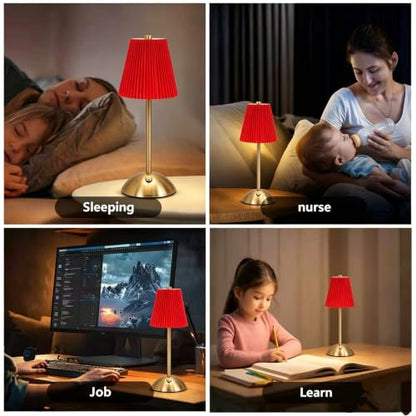 Gold Cordless LED Table Lamps, Red Fabric Shade Desk Lamps（Red - color: Red
