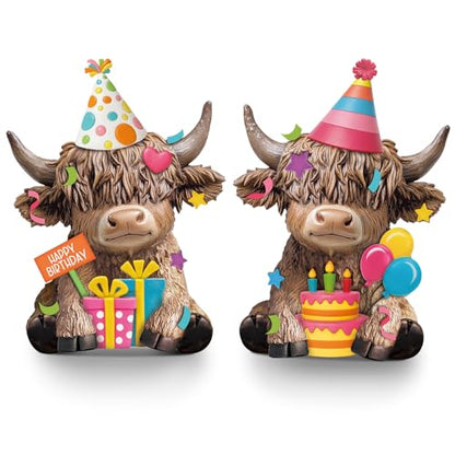 Karenhi 2 Pcs Highland Cow Figurines Resin Birthday Cake Topper Decor - style: Birthday