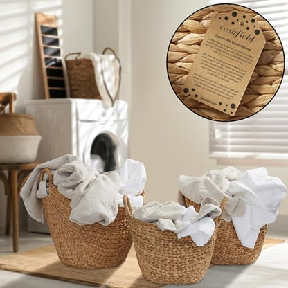 Casafield Set of 3 Multipurpose Boat Baskets with Handles - Natural, Woven Water Hyacinth Storage Organizers for Throw Blankets, Bedroom, Laundry