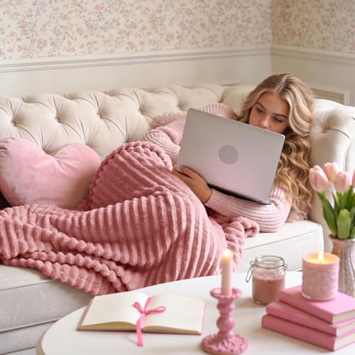 BEDELITE 3D Ribbed Jacquard Pink Fleece Throw Blanket for Couch, 50x60 Inch - color: Dusty Pink, size: Throw(50"x60")