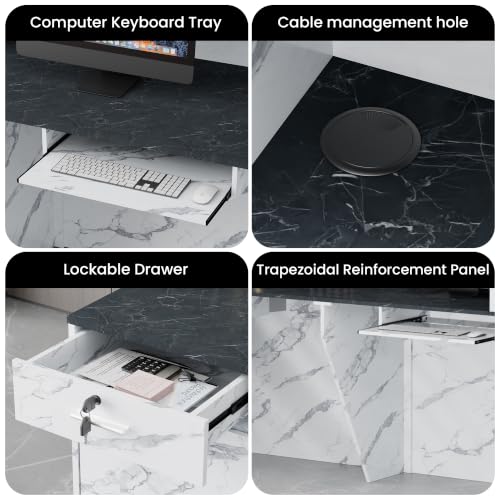 62.9"Reception Desk with Vertical Slat Panels for Office, Salon & Lobby - color: White Marble/Blue-gray Marble, size: 62.9''L x 23.6''W x 39.3''H