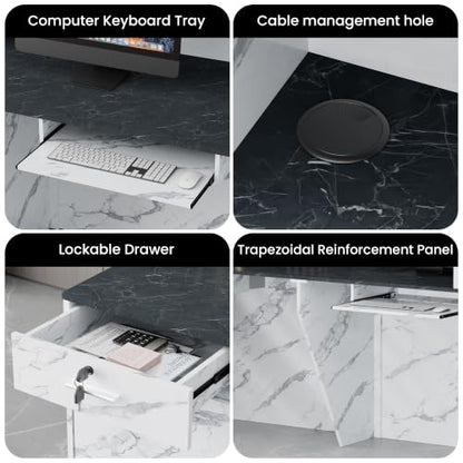 62.9"Reception Desk with Vertical Slat Panels for Office, Salon & Lobby - color: White Marble/Blue-gray Marble, size: 62.9''L x 23.6''W x 39.3''H