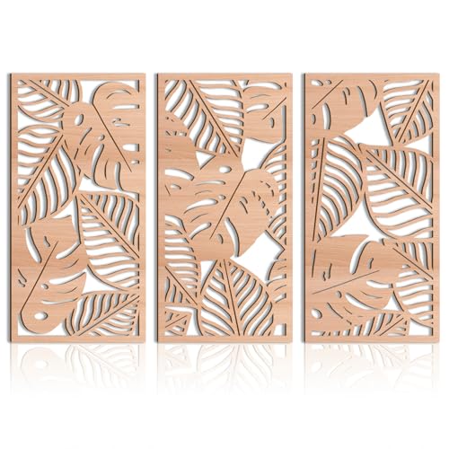 IARTTOP Large Wood Tropical Wall Art 15.9X32 Inch Carved Palm Leaves Wall Decor Coastal Leaf Monstera Plant Wall Sculptures for Living Room Bedroom Set of 3 - color: Palm Leaves, size: 32"L x 16"W