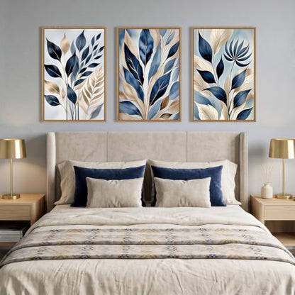 HPNIUB Large Boho Blue Botanical Leaf Framed Wall Art Set -16"x24"x3 - color: Abstract Leaf Wall Art, size: 16"L x 24"W