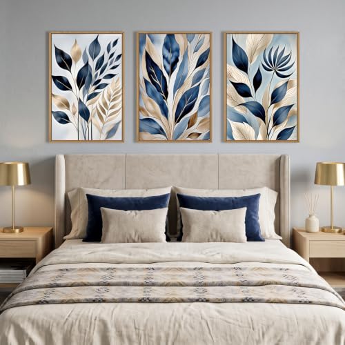 HPNIUB Large Boho Blue Botanical Leaf Framed Wall Art Set -24"x36"x3 - color: Abstract Leaf Wall Art, size: 24"L x 36"W