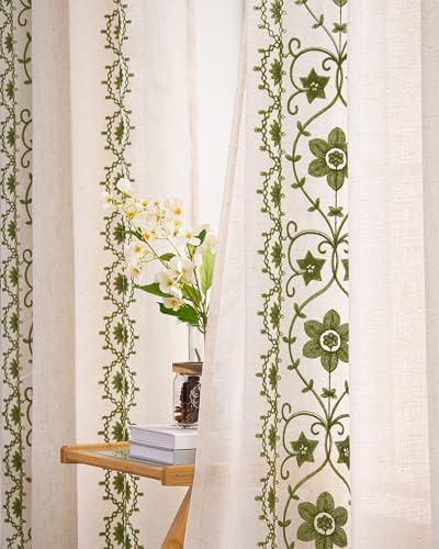 Green Farmhouse Floral Linen Curtains 72 Inches Grommet 2 Panels - color: Sage on Beige, size: 52"W x 72"L (Pack of 2)
