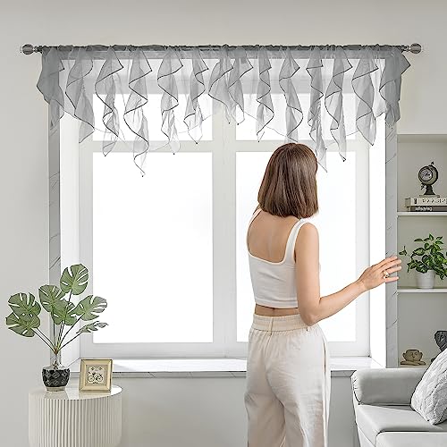 PearAge Ruffled Voile Semi Sheer Curtain Valance, Kitchen Living Room Shabby Chic Ruffle Valance Curtains, Girls Daughters Bedroom Cascade Window Valance 52x26 Inches (Grey-Triangle) - color: Grey