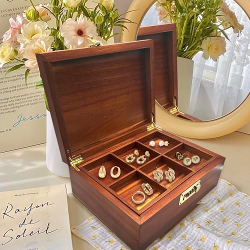 Large Acacia Wooden Storage Box with Hinged Lid and Combination Lock Decorative Boxes with Removable Tray Memory Box Keepsake Chest Stash Boxes Lockable Chest for Jewelry Accessories Treasured Items - style: Code Lock with grid tray