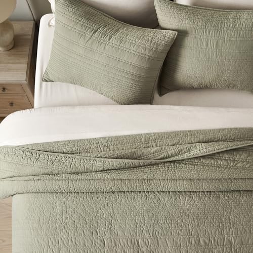 EVERGRACEHOME 100% Cotton Modern Lines Quilt Set Queen Size, Light Sage - color: Light Sage, size: Full/Queen (92" X 92")