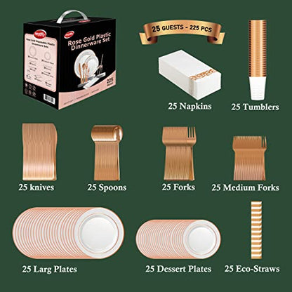 Neatiffy 225 Pcs Rose Gold Rim Plastic Dinnerware Set (25 Guests) | 25 x (Dinner Plate, Dessert Plate, Plastic Silverware, Cup, Napkin, Straw) | For Wedding, Luxurious Party, Special Event - color: Rose Gold