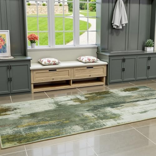 Kelarea Washable Runner Rug 2.6x8, Non-Slip Low Pile Abstract Green - color: Green, size: 2'6" x 8' (Rectangular)
