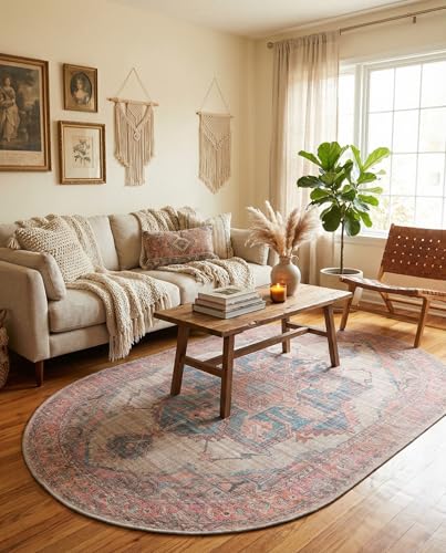 Rugs.com Nostalgia Collection Washable Rug – 5' 3 x 8' Oval Antique Beige Flatweave Rug Perfect for Living Rooms, Large Dining Rooms, Open Floorplans - size: 5'3" x 8' (Oval)
