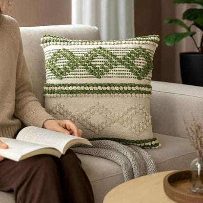 TreeWool 100% Cotton Woven Throw Pillow Cover (Pack of 1, 18" x 18", Green) - color: Green