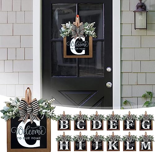 Last Name All Year Round Front Door Wreath with 26 Initial Letter Welcome Sign All Seasons Eucalyptus Garland and Bow ，Farmhouse, Porch, for Spring Summer Fall All Seasons Holiday Halloween Christmas.（C） - color: C