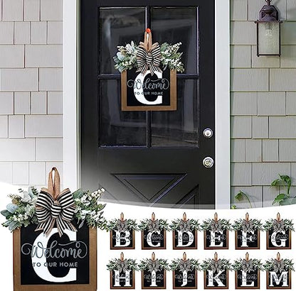 Last Name All Year Round Front Door Wreath with 26 Initial Letter Welcome Sign All Seasons Eucalyptus Garland and Bow ，Farmhouse, Porch, for Spring Summer Fall All Seasons Holiday Halloween Christmas.（C） - color: C