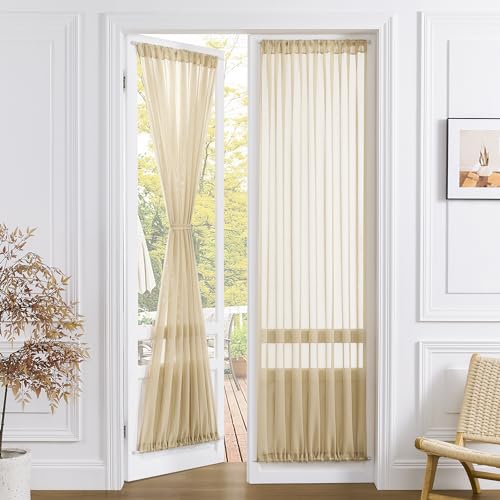 Tollpiz Sheer Door Curtains Closet Linen Textured Curtains Sheer Doorway Light Filtering Voile French Doors Rod Pocket Curtain Patio Glass Door, 25 x 72 inches Long, Beige, 1 Panel - color: Beige, size: 25"W x 72"L (Pack of 1)