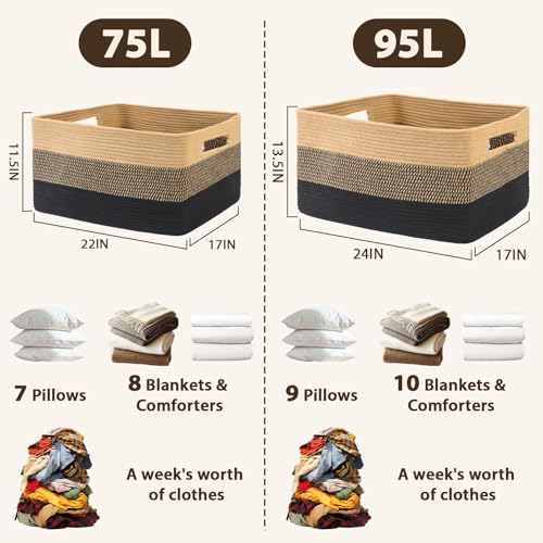 Optish 95L Large Woven Blanket Basket, Storage Basket with Handles - color: Black & Brown, size: 24" x 17" x 13.5"(95L)