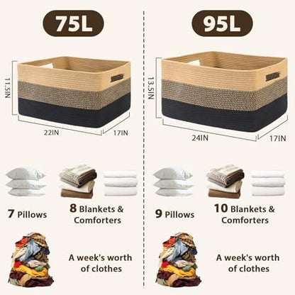 Optish 95L Large Woven Blanket Basket, Storage Basket with Handles - color: Black & Brown, size: 24" x 17" x 13.5"(95L)
