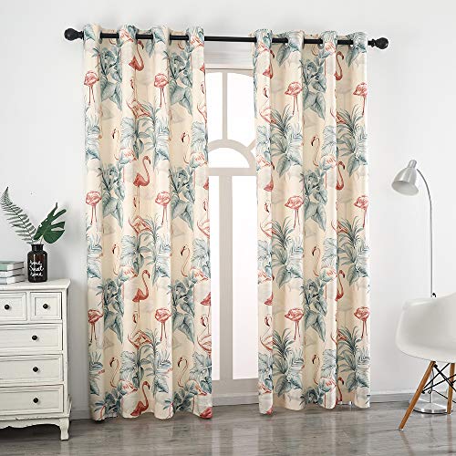 Autumn Dream White Blackout Curtains Drapes Leaves Flamingo Grommet Top Farmhouse Floral Curtains for Living Room,Bedroom,1 Panel, 52by96 inch - color: White Green Leaves Flamingo, size: 52"W x 96"L (Pack of 1)
