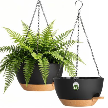 13 Inch Large Self Watering Hanging Planters 2 Pack with Saucers - color: Black Brown, size: 13 Inch 2 Pack