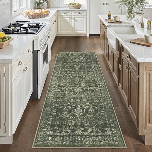 3x7 Washable Kitchen Runner Rug Non-Slip Boho Dark Green Throw Carpet - color: Dark Green, size: 3' x 7' (Runner)