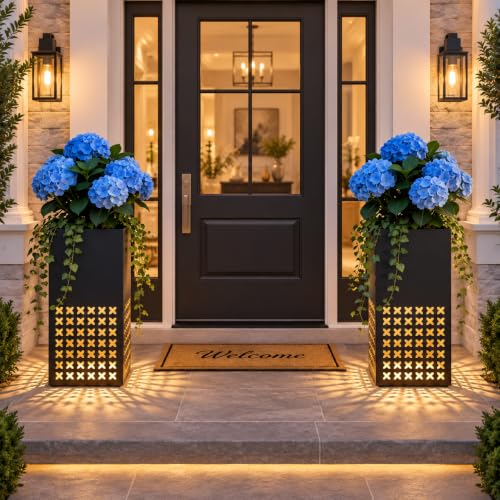 2 Pack Tall Outdoor Planters,14"Lx14'Wx30"H Metal Black Planter for Porch