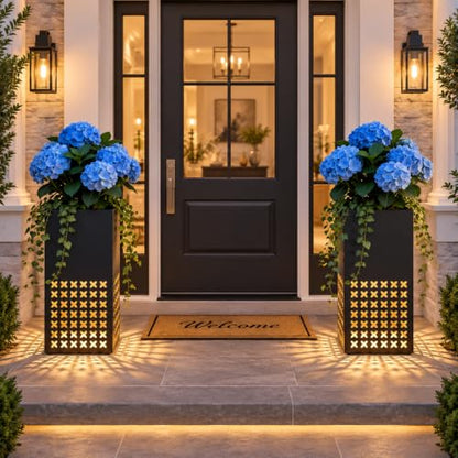 2 Pack Tall Outdoor Planters,14"Lx14'Wx30"H Metal Black Planter for Porch