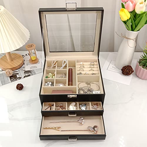 BOOVO Clear Lid Jewelry Box,3 Layers Jewelry Organizer (Black, 3 Layer) - color: Black, size: 3 Layer