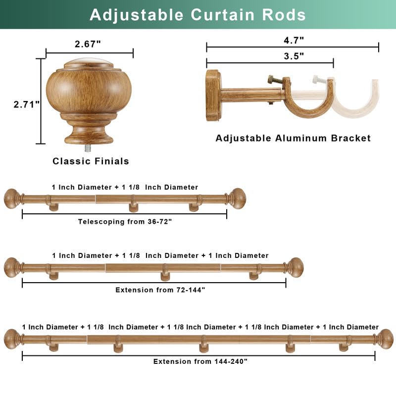 Wood Curtain Rods for Window 72-144 Inch(6-12ft), Heavy Duty Curtain Rod, 1 1/8" Diameter Boho Drapery Rods with Imitation Wood Grain Finials and Adjustable Brackets - color: Brown Wood Grain, size: 72-144"