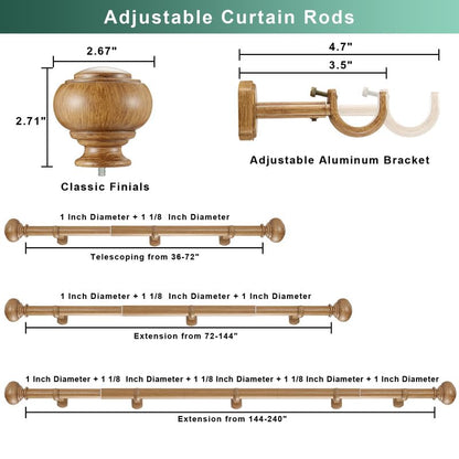 Wood Extra Long Curtain Rods 144-240 Inch(12-20ft) for Large Window, Heavy Duty Curtain Rod, 1 1/8" Diameter Boho Drapery Rods with Imitation Wood Grain Finials and Adjustable Brackets - color: Brown Wood Grain, size: 144-240"