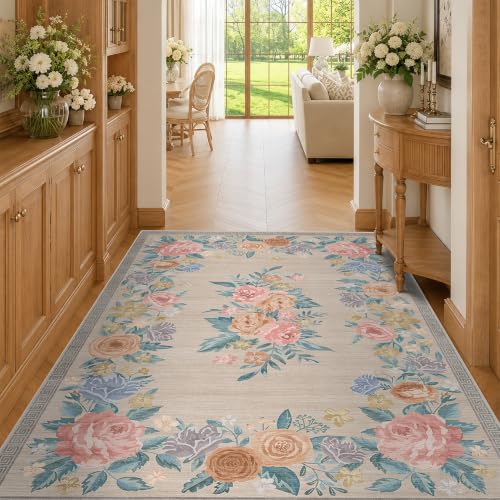 Washable Entry Bedroom Area Rug 5x7, Soft Non Slip Low Pile Living Room Carpet, Beige Vintage Floral Rose Botanical Rug for Large Entryway, Stain Resistant Cottagecore Floor Mat - color: Warm Beige, size: 5' x 7' (Rectangular)