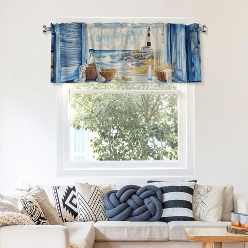 Coastal Lighthouse Curtain Valance 54x18 Inches Window Treatment Rod Pocket Valance for Kitchen Bathroom Bedroom - color: Coastal Lighthouse