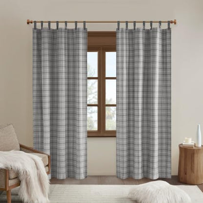 Madison Park Plaid Window Curtain, 1 Panel, 50x84 Grey, Top Tab - color: Faux Leather Tab Top, Grey, size: 50"W x 84"L (Pack of 1)