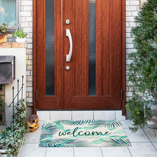 Jvpke Tropical Monstera Leaf Welcome Mat for Front Door, Green Palm Leaves Door Mat, Tropical Leaves Outdoor Mats for Front Door Porch, Botanical Bath Mats for Bathroom, 17x30 Inches - color: Green