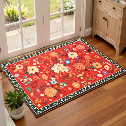Terrug Floral Entryway Rug, 2x3 Red Christmas Boho Washable Kitchen Throw, Soft Low Pile Cute Small Non-Slip Stain Resistant Vintage for Bedroom Bathroom Laundry - color: Red, size: 2' x 3' (Rectangular)