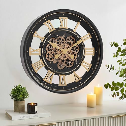 CLXEAST 24" Moving Gear Wall Clock for Living Room Decor, Roman Numeral | Metal Case, Tempered Glass Lens, SIilent Non Ticking, Modern Black Gold Wall Clock for Dinning Room & Home Office - color: 24" Modern Black&gold