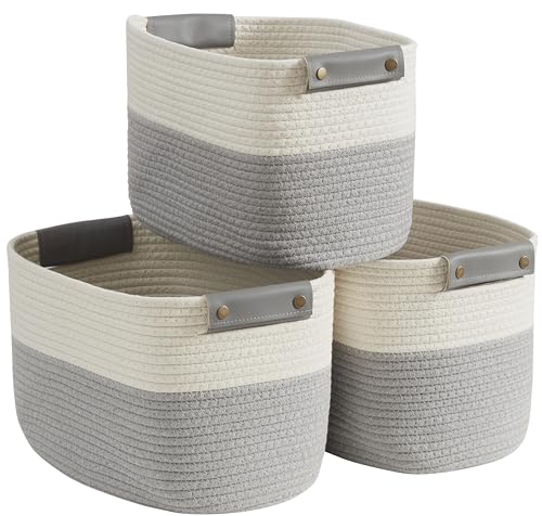 3 Pack Woven Cotton Rope Storage Basket, 15x10x9, White/Gray - color: White/Gray