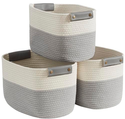 3 Pack Woven Cotton Rope Storage Basket, 15x10x9, White/Gray - color: White/Gray