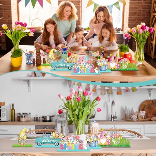 6 Pcs Spring Table Decorations Wood Tabletop Sign Spring Table Centerpieces Rustic Freestanding Tabletop for Home Restaurant Farmhouse Home Kitchen Shelves Party Decor(Gnome) - style: Gnome