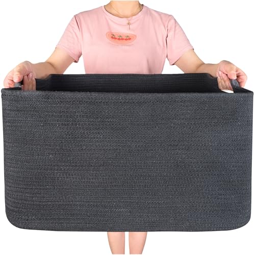 MINTWOOD Design 22in Extra Large Blanket Basket Holder Living Room, Rectangle Rope Woven Storage Basket with Handles for Laundry, Pool Towels, and Shoes, Dog Toy Organizer Bin Box, Charcoal - color: Charcoal Gray