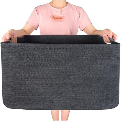 MINTWOOD Design 22in Extra Large Blanket Basket Holder Living Room, Rectangle Rope Woven Storage Basket with Handles for Laundry, Pool Towels, and Shoes, Dog Toy Organizer Bin Box, Charcoal - color: Charcoal Gray