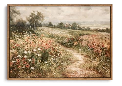 OIQArtOIQ Framed Canvas Wall Art,Vintage Decor,Landscape Nature Country Wildflower Paintings Farmhouse Pictures Modern Artwork Rustic Fall Flower Prints Cottagecore Office Living Room Bedroom Bathroom - color: Wildflower Path, size: 16x24 in