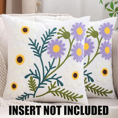 Embroidered Throw Pillow Covers 18x18 Pack of 2 Purple White Flower - color: Purple-white Flower