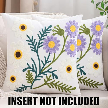 Embroidered Throw Pillow Covers 18x18 Pack of 2 Purple White Flower - color: Purple-white Flower