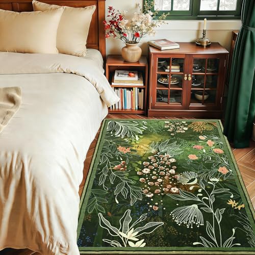 Yinhua Dark Green Area Rug for Entryway 3x5 Botanical Washable Rug Non Silp - size: 3' x 5' (Rectangular)