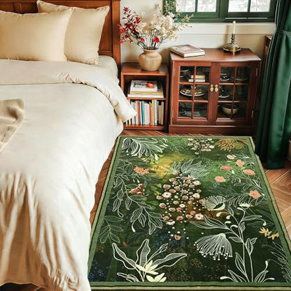 Yinhua Dark Green Area Rug for Entryway 3x5 Botanical Washable Rug Non Silp - size: 3' x 5' (Rectangular)